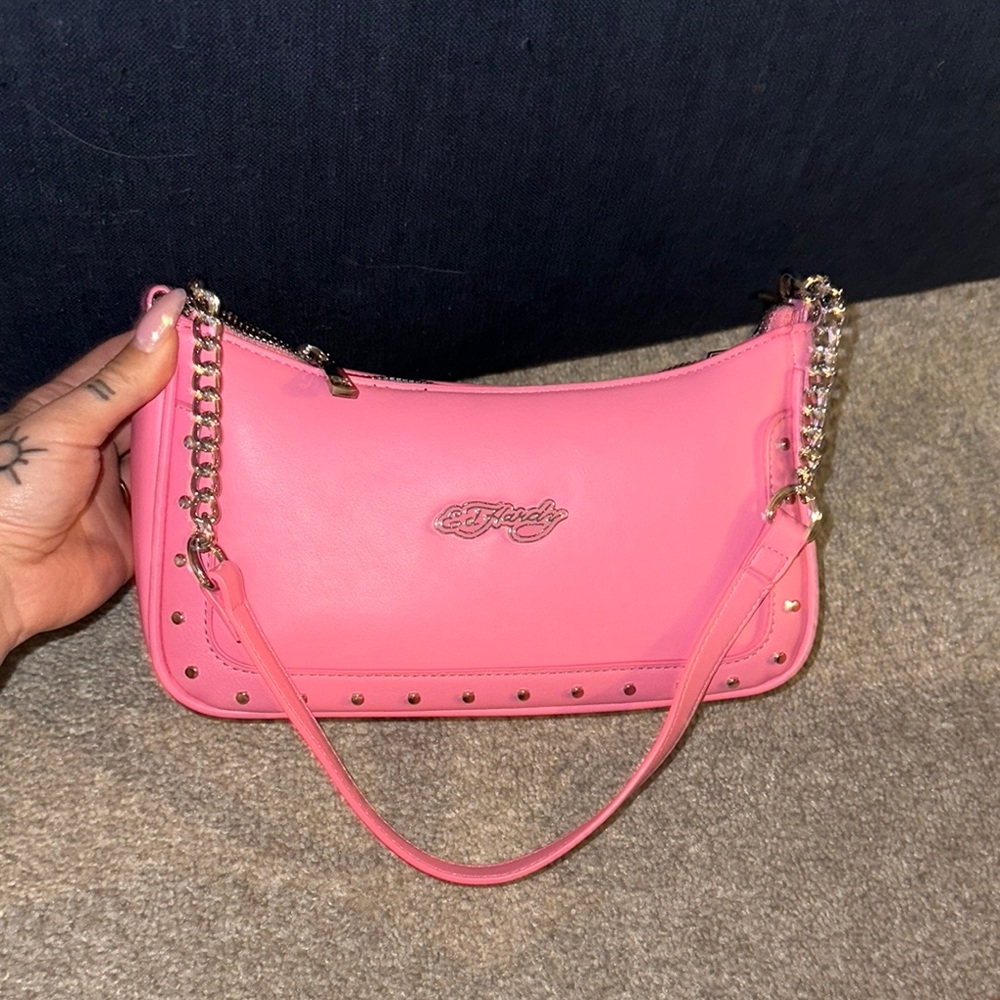 Ed Hardy Pink Baguette Shoulder Bag with Chain Detail